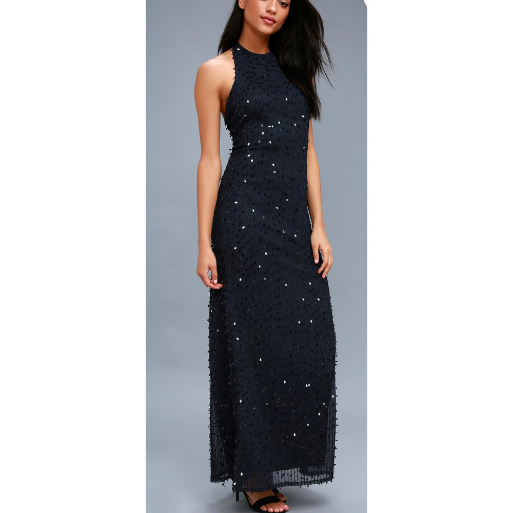 Cielo Navy Blue Sequin Halter Maxi Dress - Picture 1 of 8